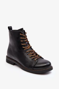 Clearance Skórzane Botki Trzewiki Damskie Czarne Ethel Damskie Czarne Botki|Botki Płaskie