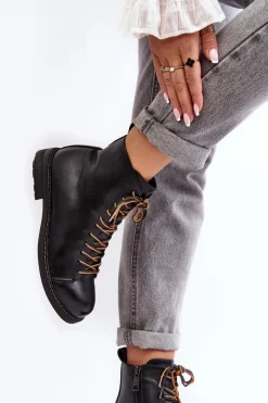 Clearance Skórzane Botki Trzewiki Damskie Czarne Ethel Damskie Czarne Botki|Botki Płaskie