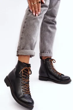 Clearance Skórzane Botki Trzewiki Damskie Czarne Ethel Damskie Czarne Botki|Botki Płaskie