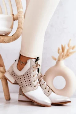 Sale Skórzane Botki Trzewiki 05541-25 Jasnobeżowe Damskie Botki Wiosenne|Botki Maciejka