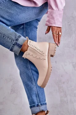 Discount Boto Skórzane Botki Workery Beżowe Ferra