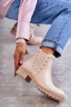 Discount Boto Skórzane Botki Workery Beżowe Ferra