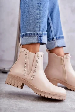 Discount Boto Skórzane Botki Workery Beżowe Ferra