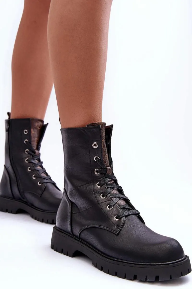 Best Skórzane Botki Workery Czarne Lonevis Damskie Botki Sznurowane|Czarne Botki