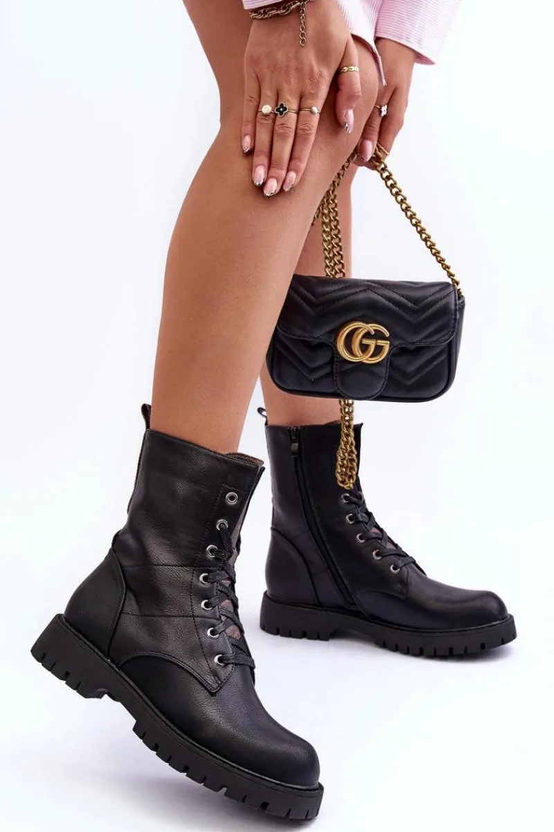 Best Skórzane Botki Workery Czarne Lonevis Damskie Botki Sznurowane|Czarne Botki