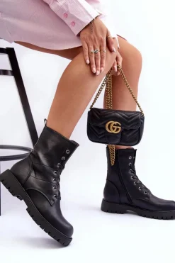 Best Skórzane Botki Workery Czarne Lonevis Damskie Botki Sznurowane|Czarne Botki