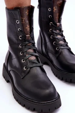 Best Skórzane Botki Workery Czarne Lonevis Damskie Botki Sznurowane|Czarne Botki