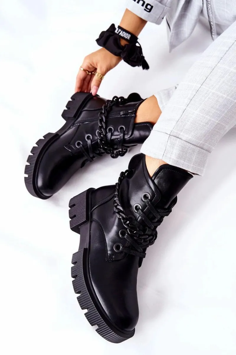 Skórzane Botki Workery Czarne Izzy Damskie Damskie Trapery|Botki Sznurowane