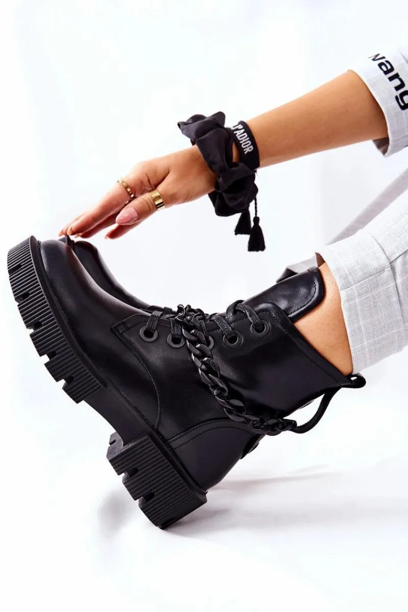 Skórzane Botki Workery Czarne Izzy Damskie Damskie Trapery|Botki Sznurowane