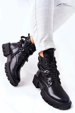 Skórzane Botki Workery Czarne Izzy Damskie Damskie Trapery|Botki Sznurowane