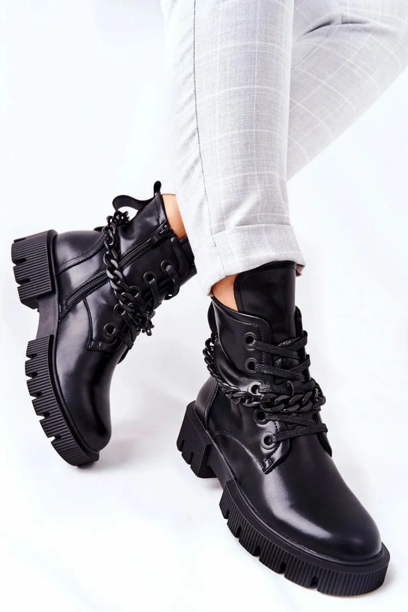 Skórzane Botki Workery Czarne Izzy Damskie Damskie Trapery|Botki Sznurowane