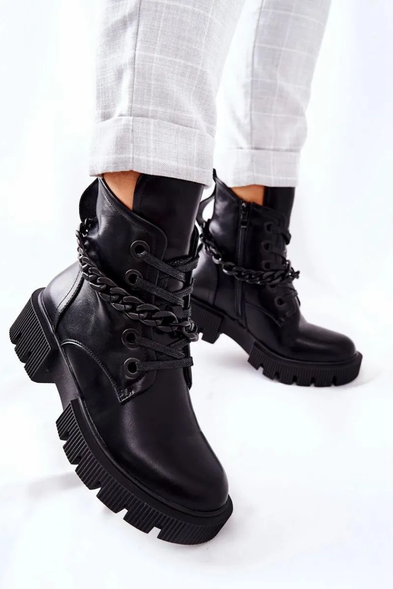 Skórzane Botki Workery Czarne Izzy Damskie Damskie Trapery|Botki Sznurowane
