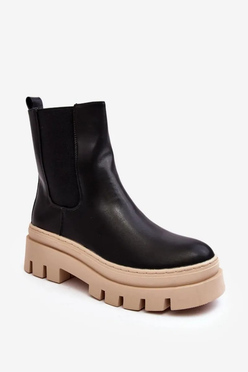 New Skórzane Botki Workery Czarno-Beżowe Loretta Damskie Brązowe I Beżowe Botki|Botki Płaskie