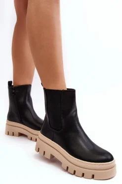 New Skórzane Botki Workery Czarno-Beżowe Loretta Damskie Brązowe I Beżowe Botki|Botki Płaskie