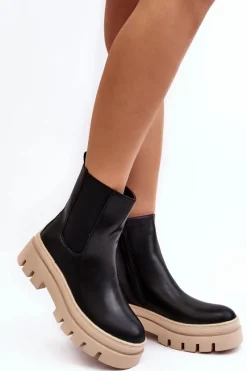 New Skórzane Botki Workery Czarno-Beżowe Loretta Damskie Brązowe I Beżowe Botki|Botki Płaskie