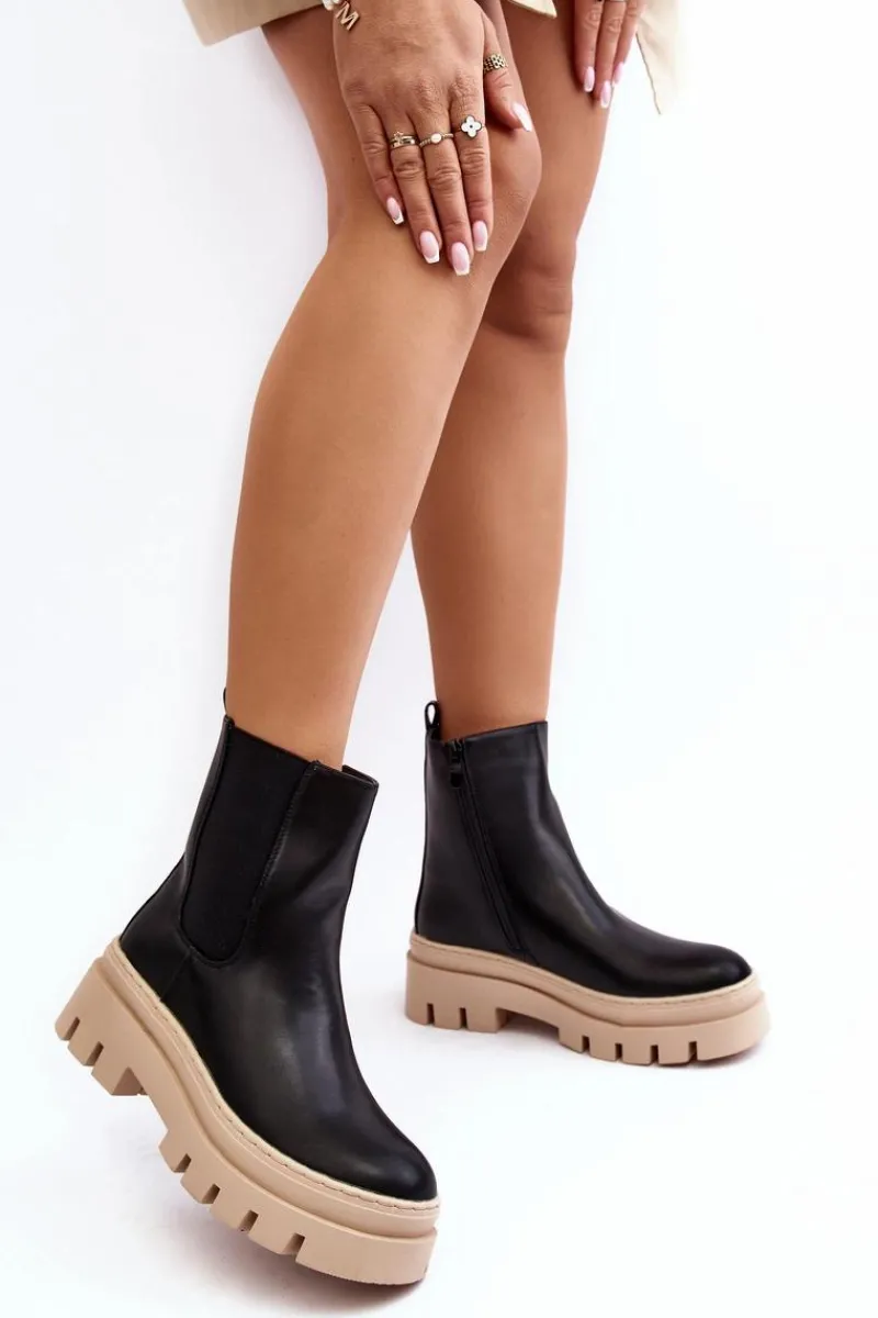 New Skórzane Botki Workery Czarno-Beżowe Loretta Damskie Brązowe I Beżowe Botki|Botki Płaskie