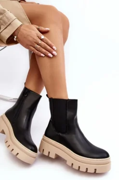 New Skórzane Botki Workery Czarno-Beżowe Loretta Damskie Brązowe I Beżowe Botki|Botki Płaskie