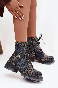 Clearance Skórzane Botki Workery Damskie 07072-03 Multikolor Damskie Botki Ocieplane|Botki Maciejka