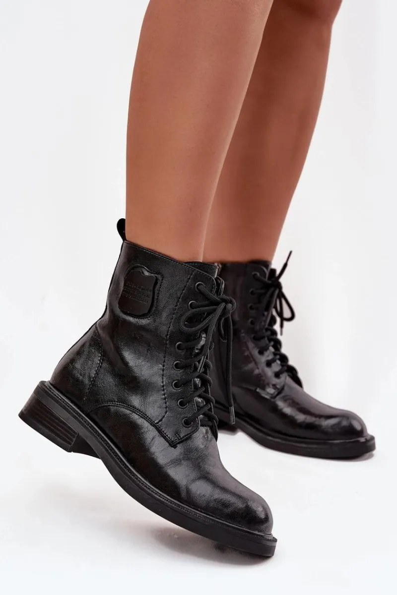Botki Maciejka|Botki Sznurowane>Maciejka Skórzane Botki Workery Damskie Z Ozdobnym Detalem K7180-01 Czarne Czarny