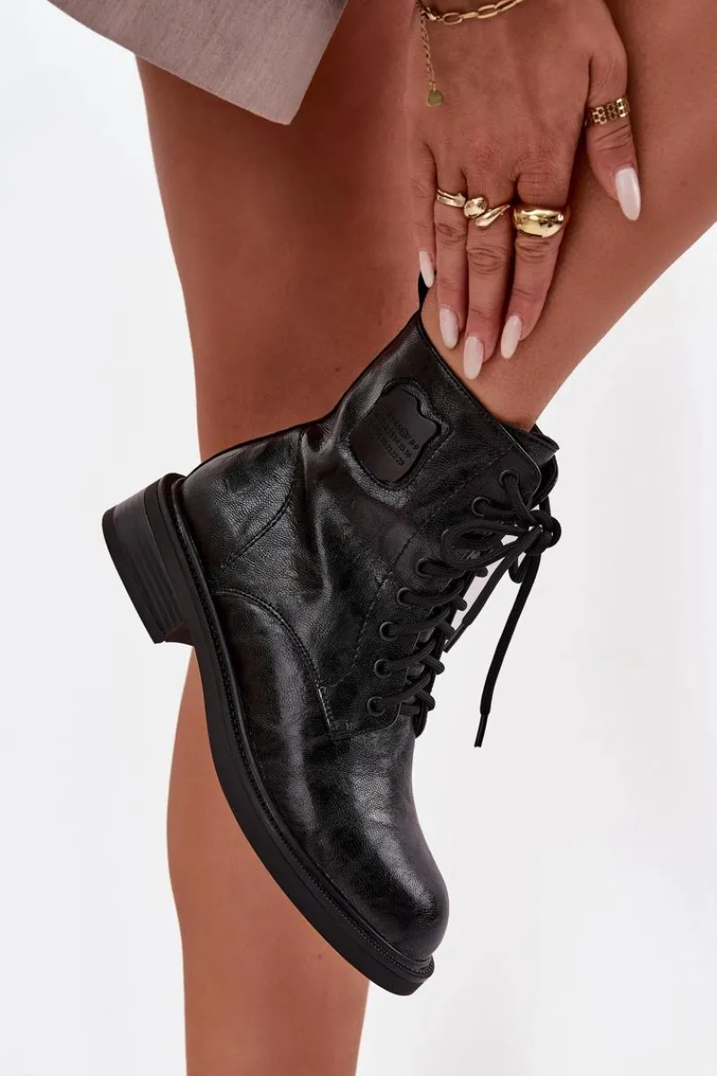 Botki Maciejka|Botki Sznurowane>Maciejka Skórzane Botki Workery Damskie Z Ozdobnym Detalem K7180-01 Czarne Czarny