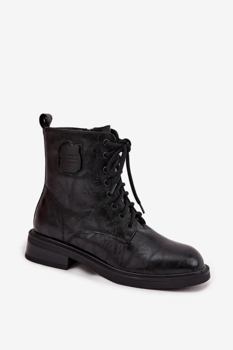 Botki Maciejka|Botki Sznurowane>Maciejka Skórzane Botki Workery Damskie Z Ozdobnym Detalem K7180-01 Czarne Czarny
