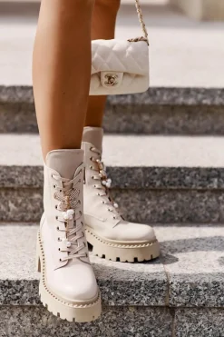 Botki Ocieplane|Damskie Trapery></noscript>CheBello Skórzane Botki Workery Damskie Z Motylem Beżowe 4590