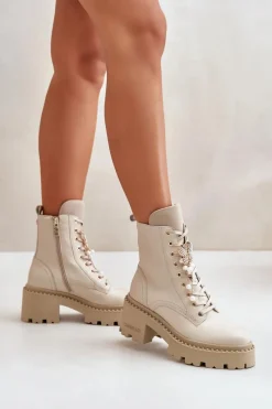 Botki Ocieplane|Damskie Trapery></noscript>CheBello Skórzane Botki Workery Damskie Z Motylem Beżowe 4590