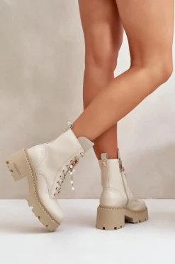 Botki Ocieplane|Damskie Trapery></noscript>CheBello Skórzane Botki Workery Damskie Z Motylem Beżowe 4590