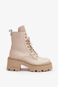 Botki Ocieplane|Damskie Trapery></noscript>CheBello Skórzane Botki Workery Damskie Z Motylem Beżowe 4590