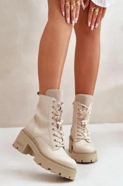 Botki Ocieplane|Damskie Trapery></noscript>CheBello Skórzane Botki Workery Damskie Z Motylem Beżowe 4590