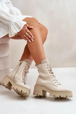 Botki Ocieplane|Damskie Trapery></noscript>CheBello Skórzane Botki Workery Damskie Z Motylem Beżowe 4590