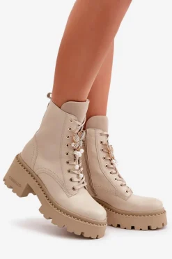 Botki Ocieplane|Damskie Trapery></noscript>CheBello Skórzane Botki Workery Damskie Z Motylem Beżowe 4590