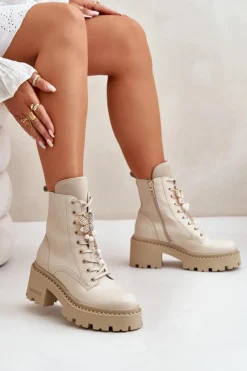 Botki Ocieplane|Damskie Trapery></noscript>CheBello Skórzane Botki Workery Damskie Z Motylem Beżowe 4590