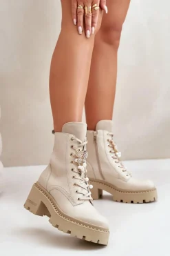 Botki Ocieplane|Damskie Trapery></noscript>CheBello Skórzane Botki Workery Damskie Z Motylem Beżowe 4590