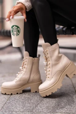 Botki Ocieplane|Damskie Trapery></noscript>CheBello Skórzane Botki Workery Damskie Z Motylem Beżowe 4590