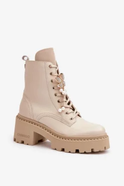 Botki Ocieplane|Damskie Trapery></noscript>CheBello Skórzane Botki Workery Damskie Z Motylem Beżowe 4590