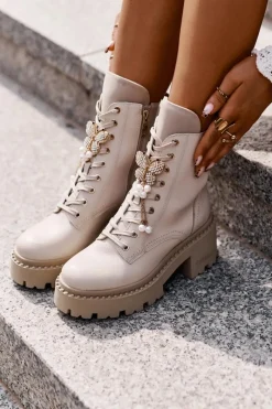 Botki Ocieplane|Damskie Trapery></noscript>CheBello Skórzane Botki Workery Damskie Z Motylem Beżowe 4590