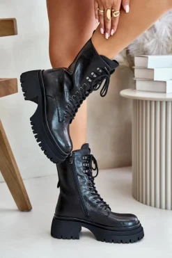 Skórzane Botki Workery Damskie Ocieplane OO2N4121 Czarne Damskie Botki Ocieplane|Czarne Botki