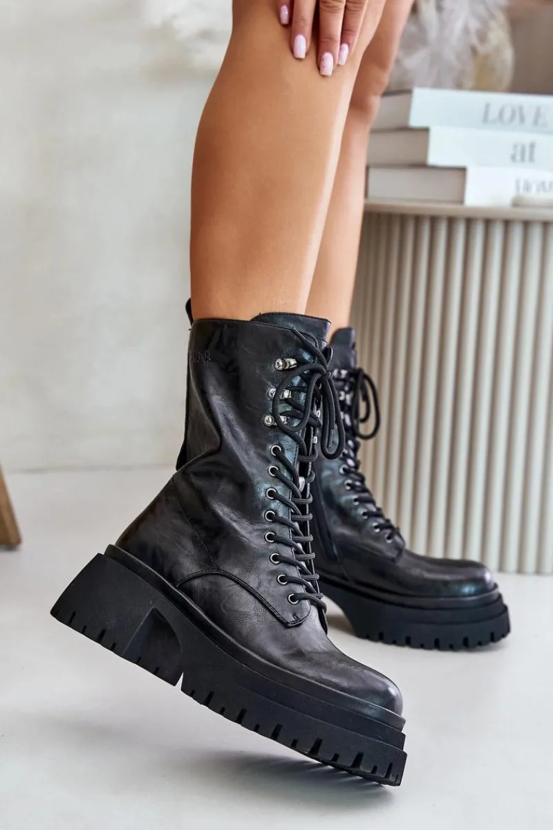 Skórzane Botki Workery Damskie Ocieplane OO2N4121 Czarne Damskie Botki Ocieplane|Czarne Botki