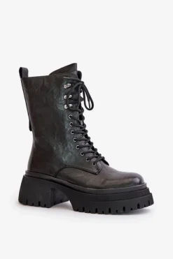 Skórzane Botki Workery Damskie Ocieplane OO2N4121 Czarne Damskie Botki Ocieplane|Czarne Botki