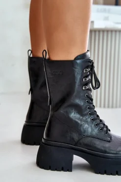 Skórzane Botki Workery Damskie Ocieplane OO2N4121 Czarne Damskie Botki Ocieplane|Czarne Botki