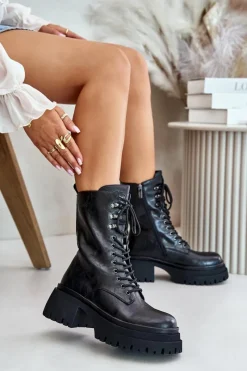 Skórzane Botki Workery Damskie Ocieplane OO2N4121 Czarne Damskie Botki Ocieplane|Czarne Botki