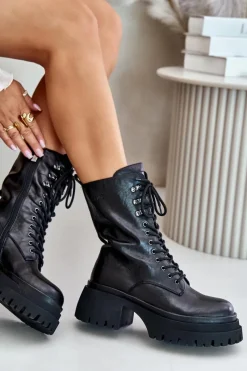 Skórzane Botki Workery Damskie Ocieplane OO2N4121 Czarne Damskie Botki Ocieplane|Czarne Botki