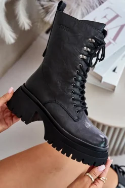 Skórzane Botki Workery Damskie Ocieplane OO2N4121 Czarne Damskie Botki Ocieplane|Czarne Botki