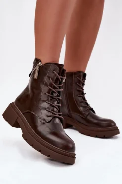 Botki Ocieplane|Damskie Trapery>Big Star Shoes Skórzane Botki Workery Damskie Ocieplane Big Star SS274453 Brązowe Brązowy