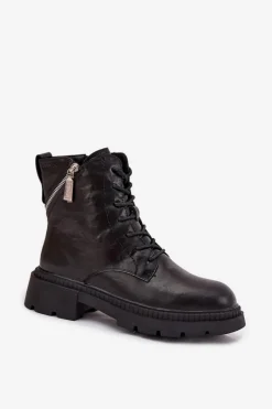 Damskie Trapery|Botki Sznurowane></noscript>Big Star Shoes Skórzane Botki Workery Damskie Ocieplane Big Star SS274452 Czarne Czarny