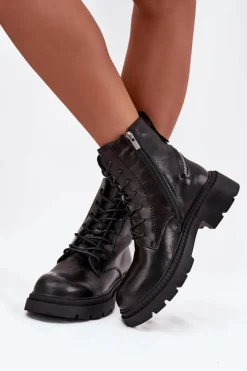 Damskie Trapery|Botki Sznurowane></noscript>Big Star Shoes Skórzane Botki Workery Damskie Ocieplane Big Star SS274452 Czarne Czarny