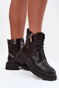 Damskie Trapery|Botki Sznurowane></noscript>Big Star Shoes Skórzane Botki Workery Damskie Ocieplane Big Star SS274452 Czarne Czarny