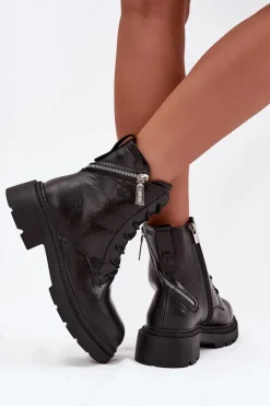 Damskie Trapery|Botki Sznurowane></noscript>Big Star Shoes Skórzane Botki Workery Damskie Ocieplane Big Star SS274452 Czarne Czarny