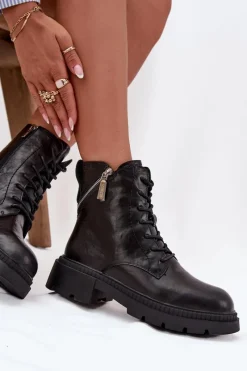 Damskie Trapery|Botki Sznurowane></noscript>Big Star Shoes Skórzane Botki Workery Damskie Ocieplane Big Star SS274452 Czarne Czarny